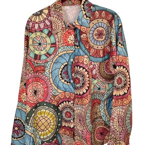 Unbranded Tops - XXL Mandala Geometric Print Button Up Shirt Long Sleeve Multicolor‎ Boho